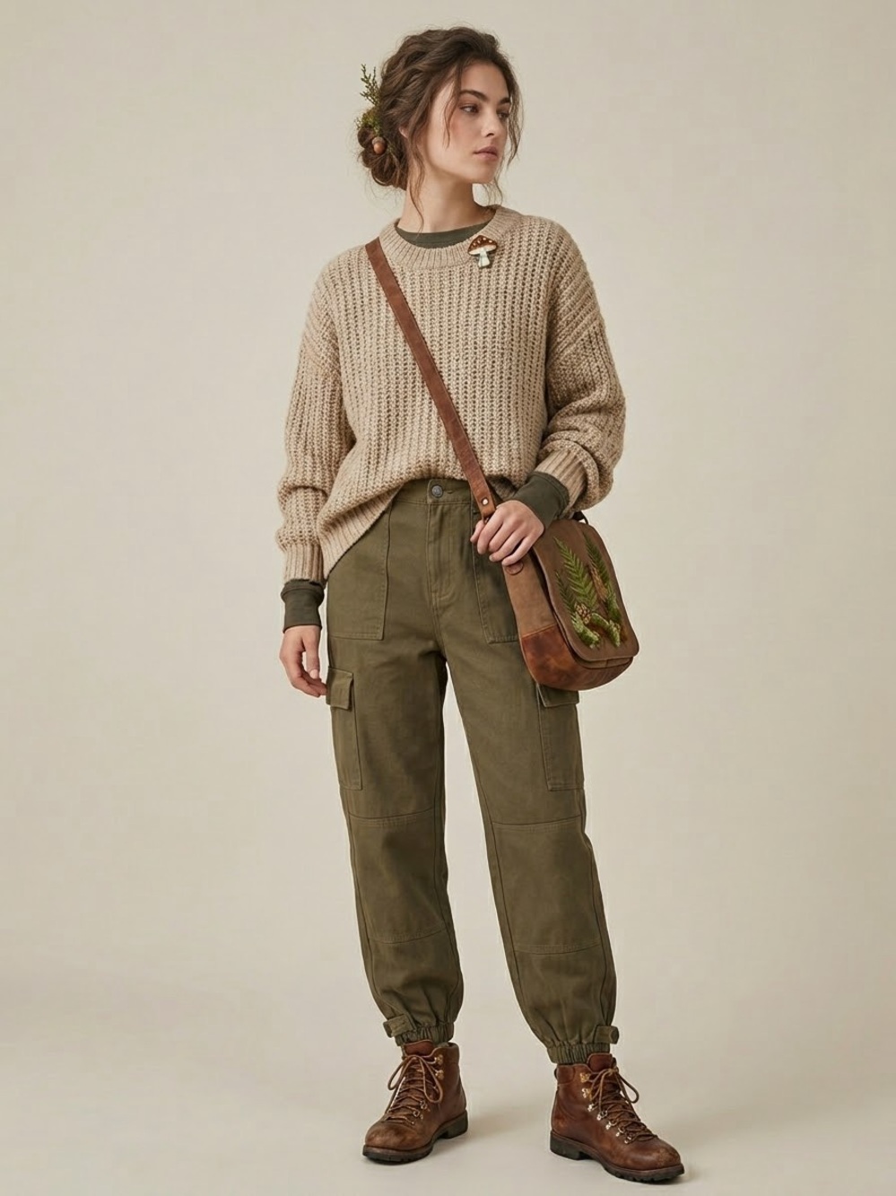 F21 Womens Cargo Pants Olive Brown High Rise Jogger Goblincore Grunge L